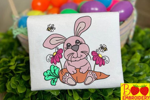 Pink Rabbit Holding Carrots and Flowers